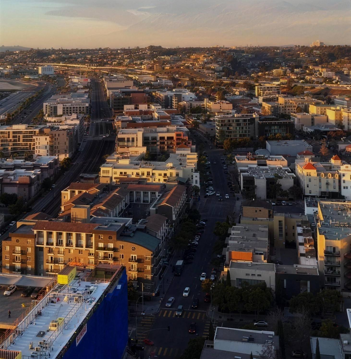 Aerial view of San Diego rooftops toward the bay
