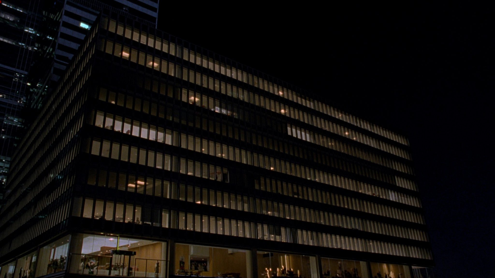 Commercial tower lit at night