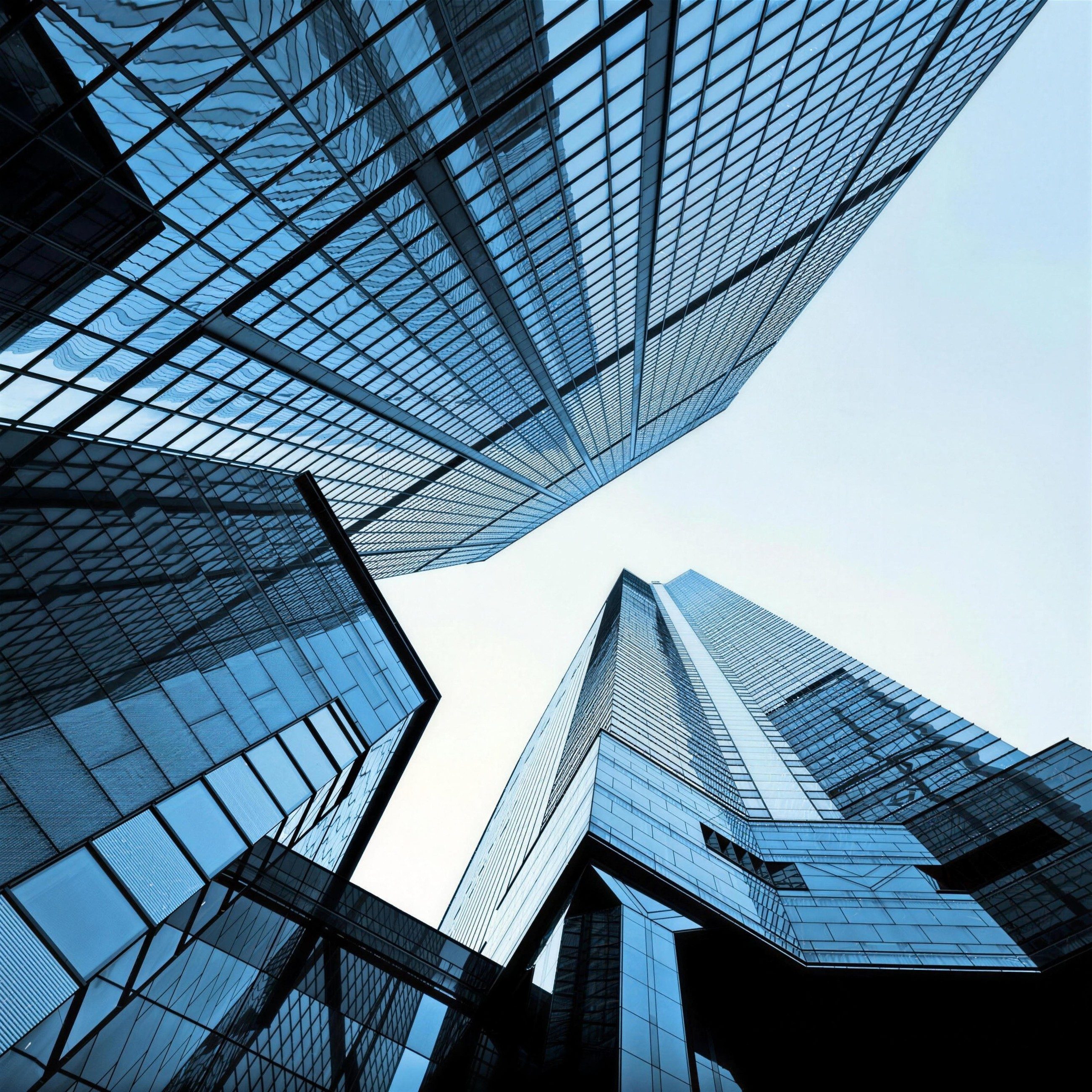 Glass skyscrapers seen looking straight up