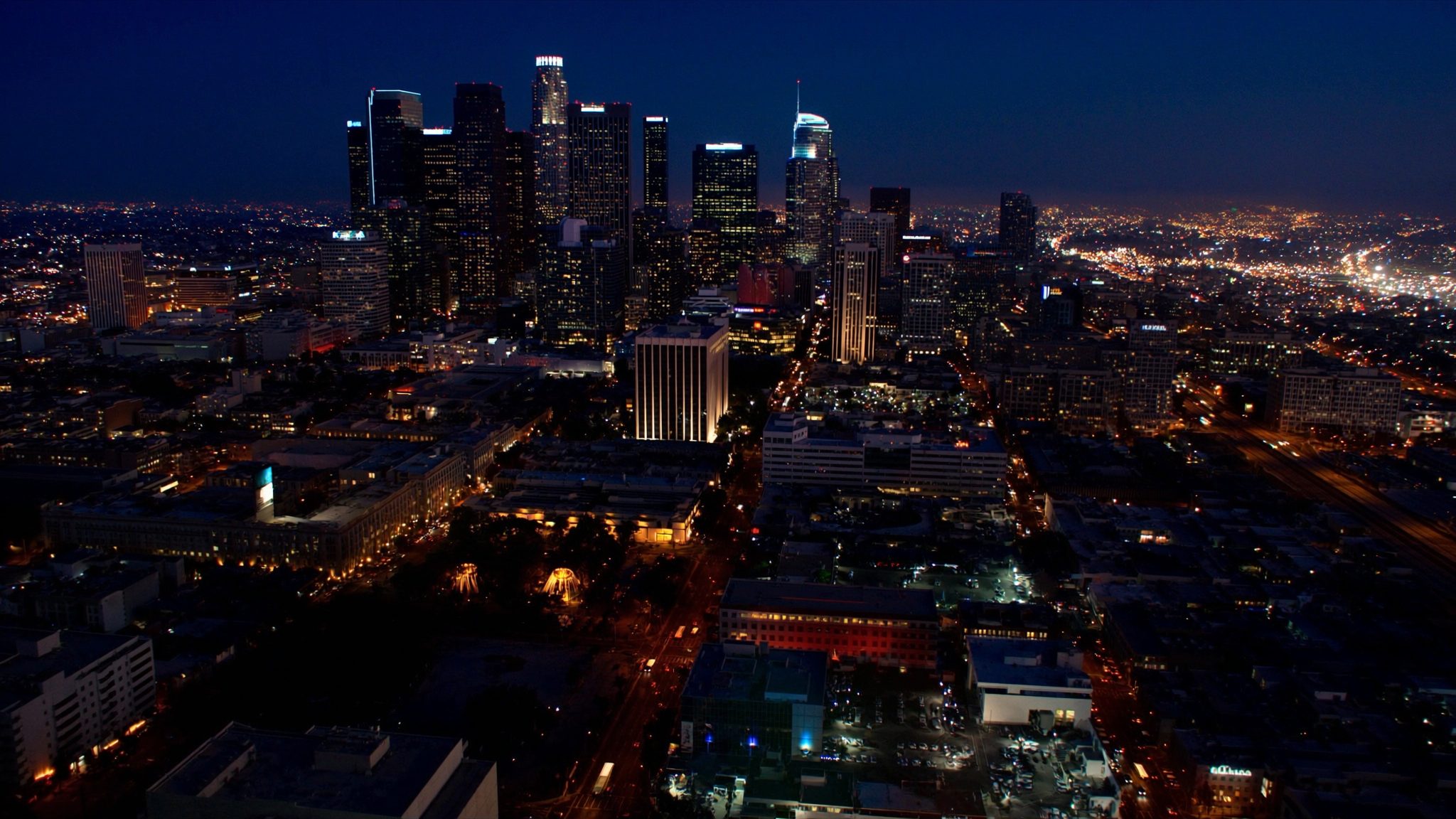 Aerial view of the downtown Los Angeles skyline at night