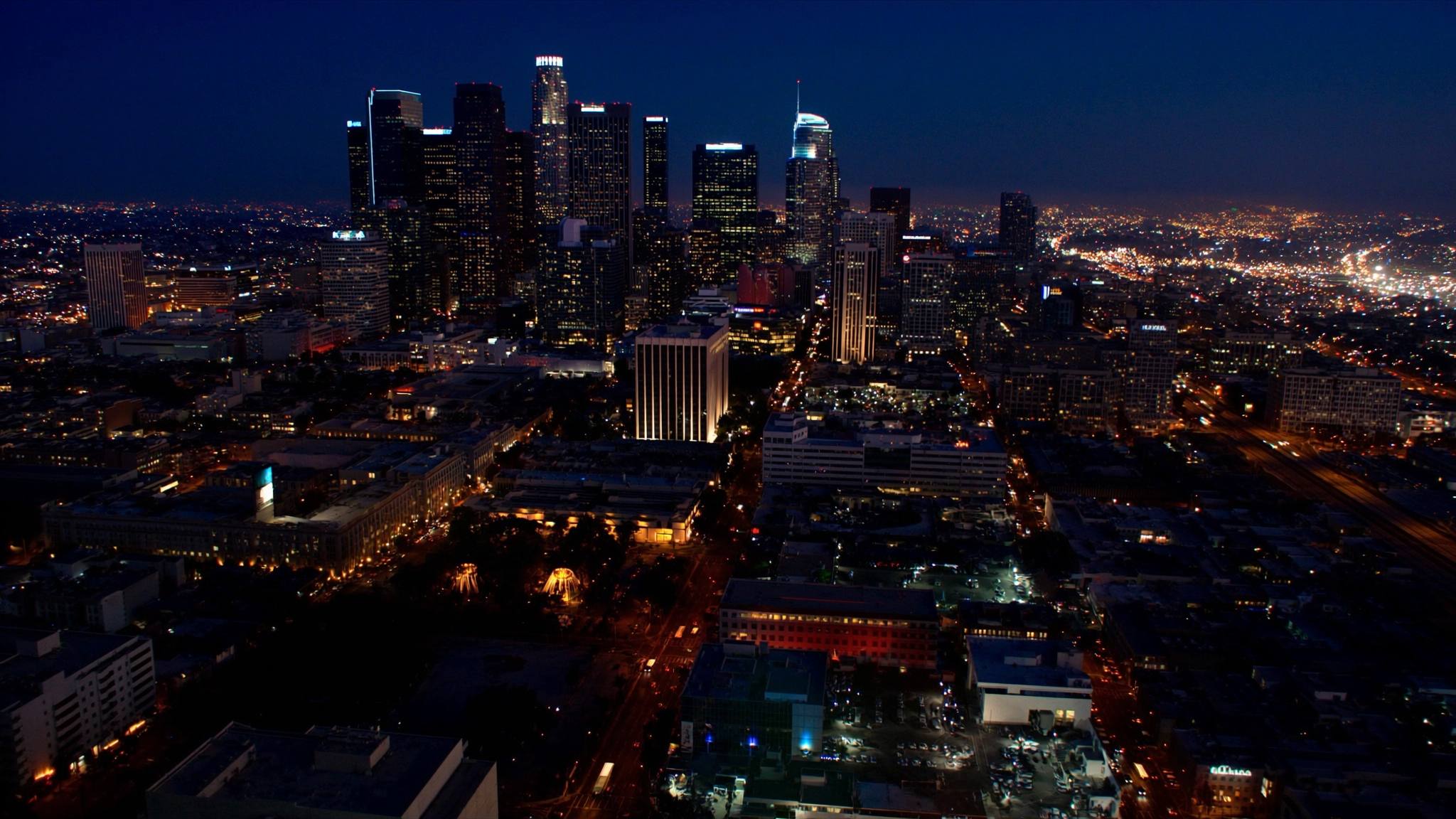 Aerial view of the downtown Los Angeles skyline at night