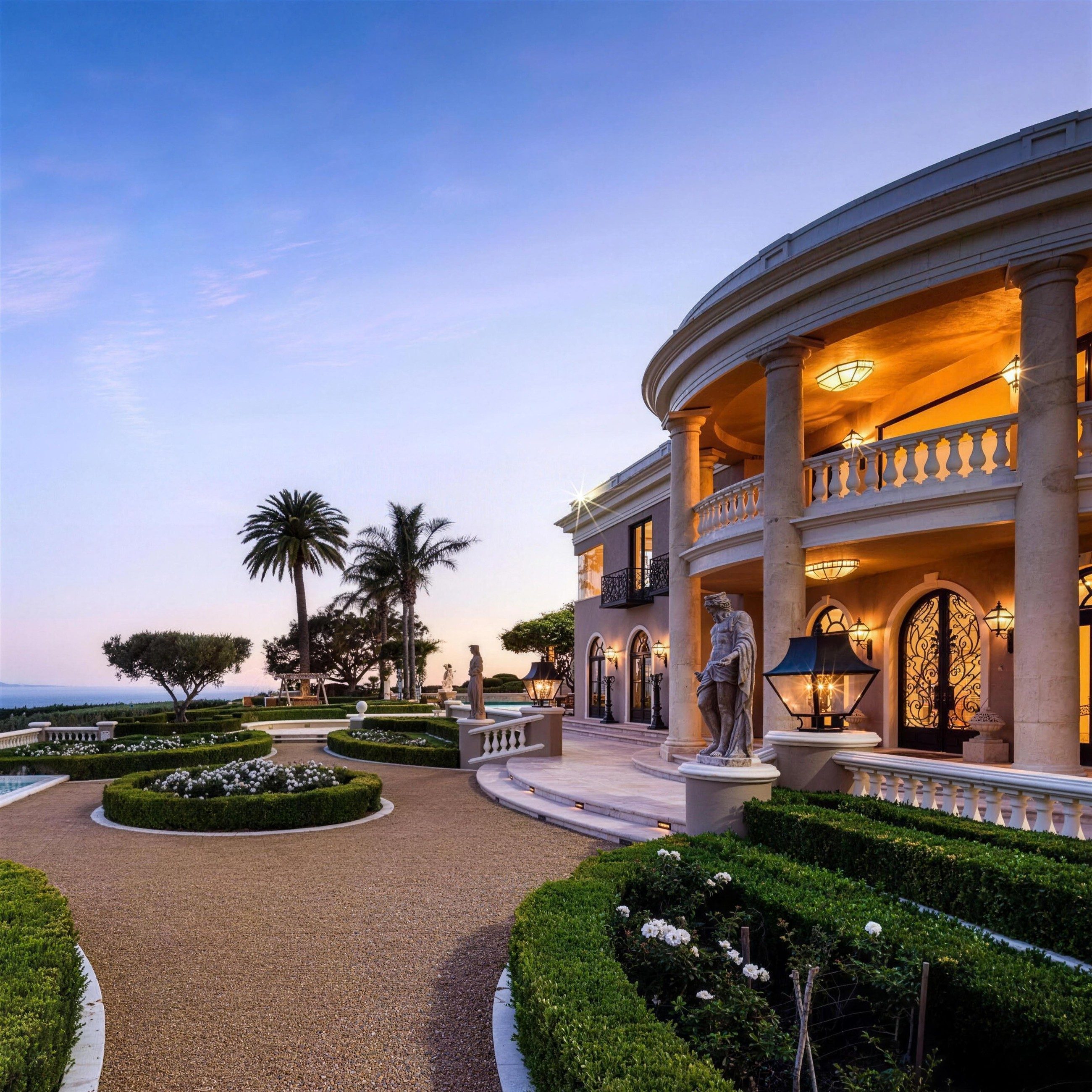 Mediterranean mansion estate at dusk