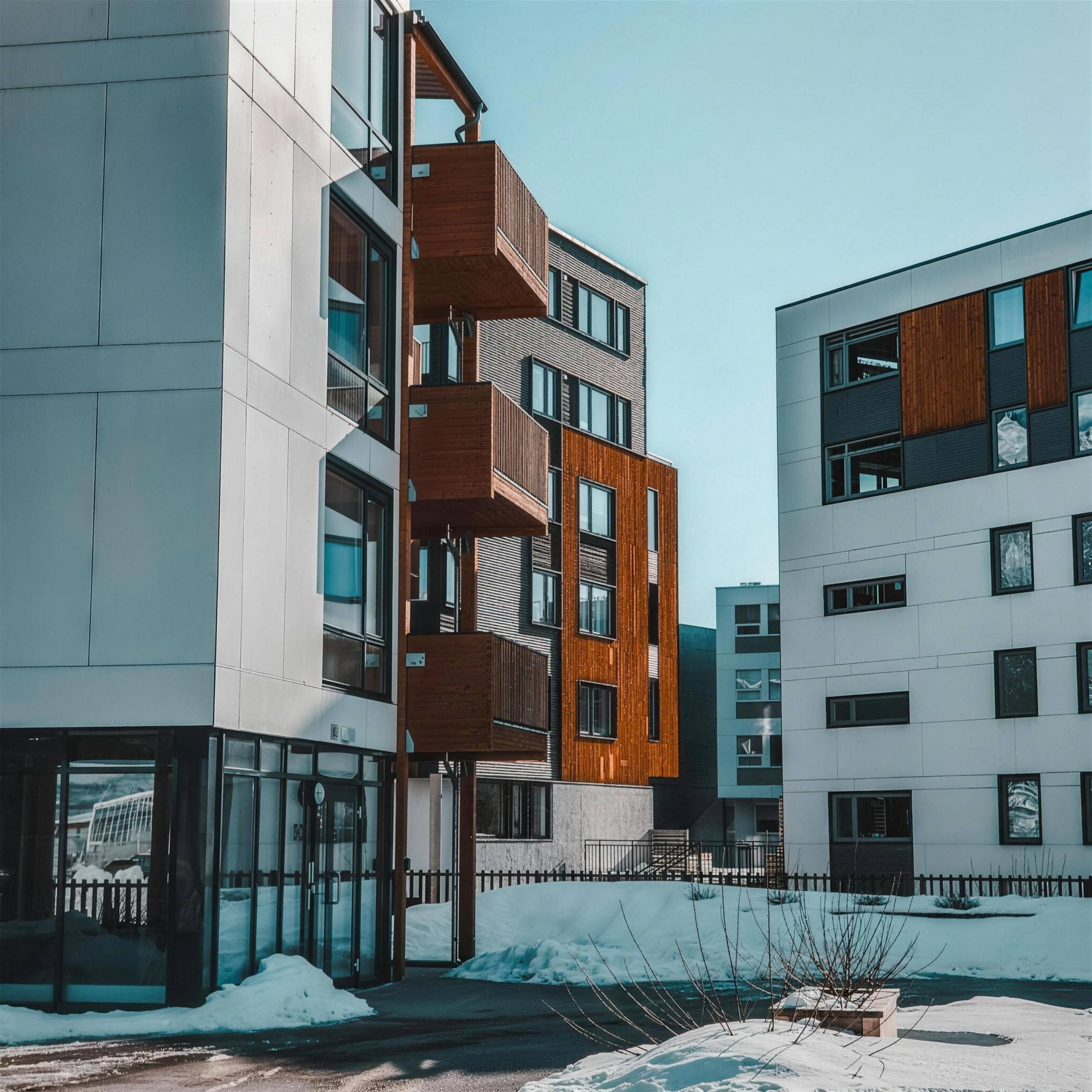 Modern apartment block with wood balconies