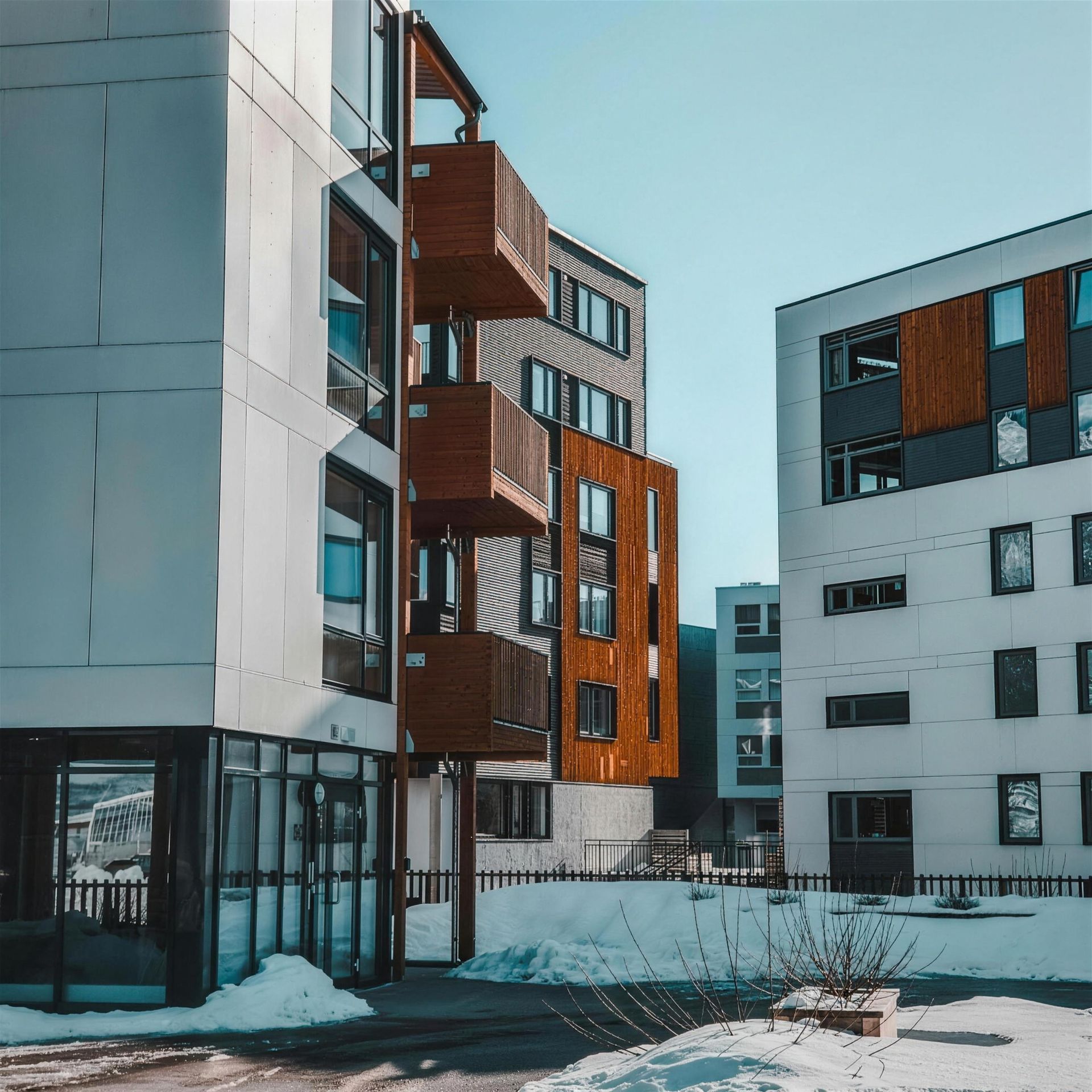 Modern apartment block with wood balconies