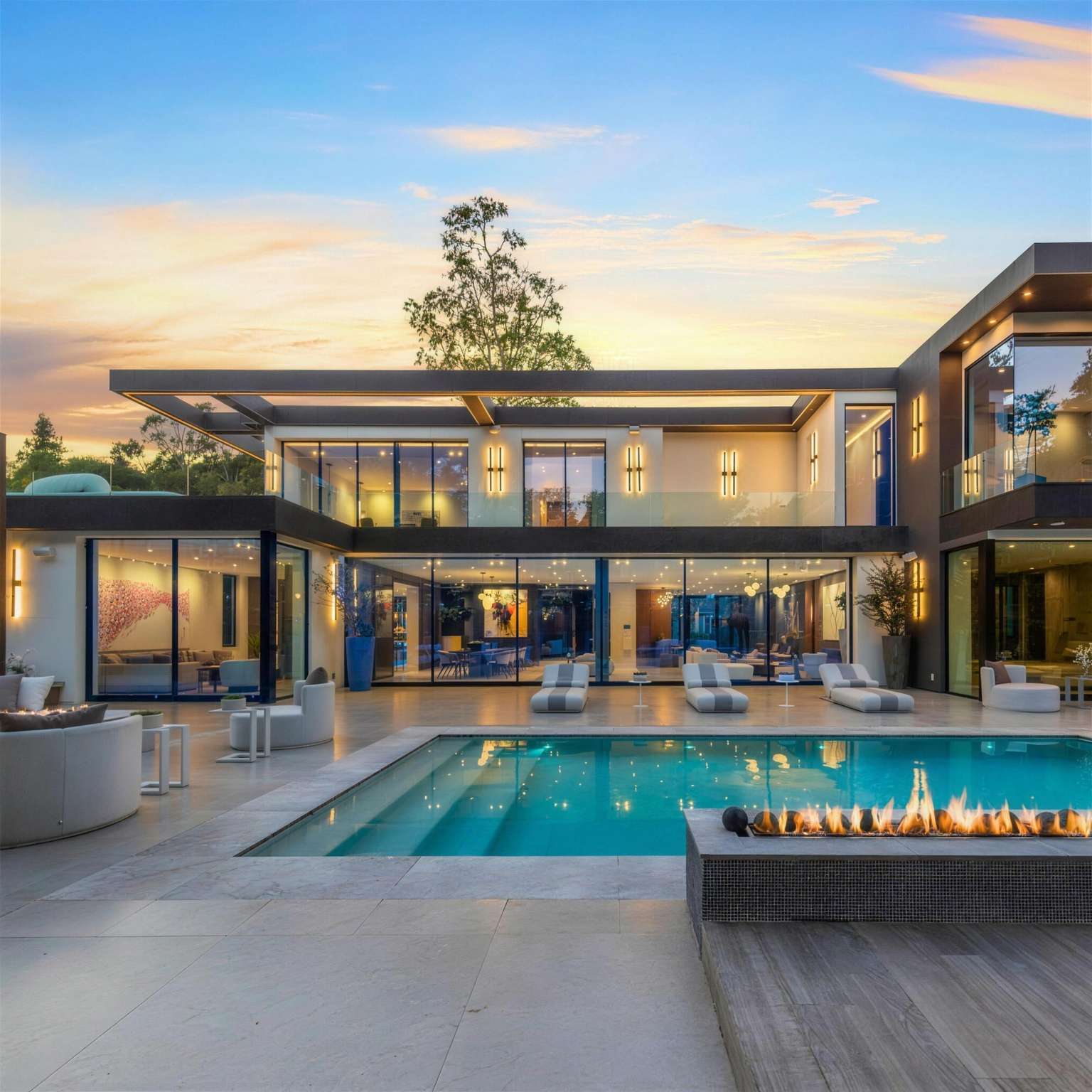 Modern glass house with a lit pool and fire pit at dusk