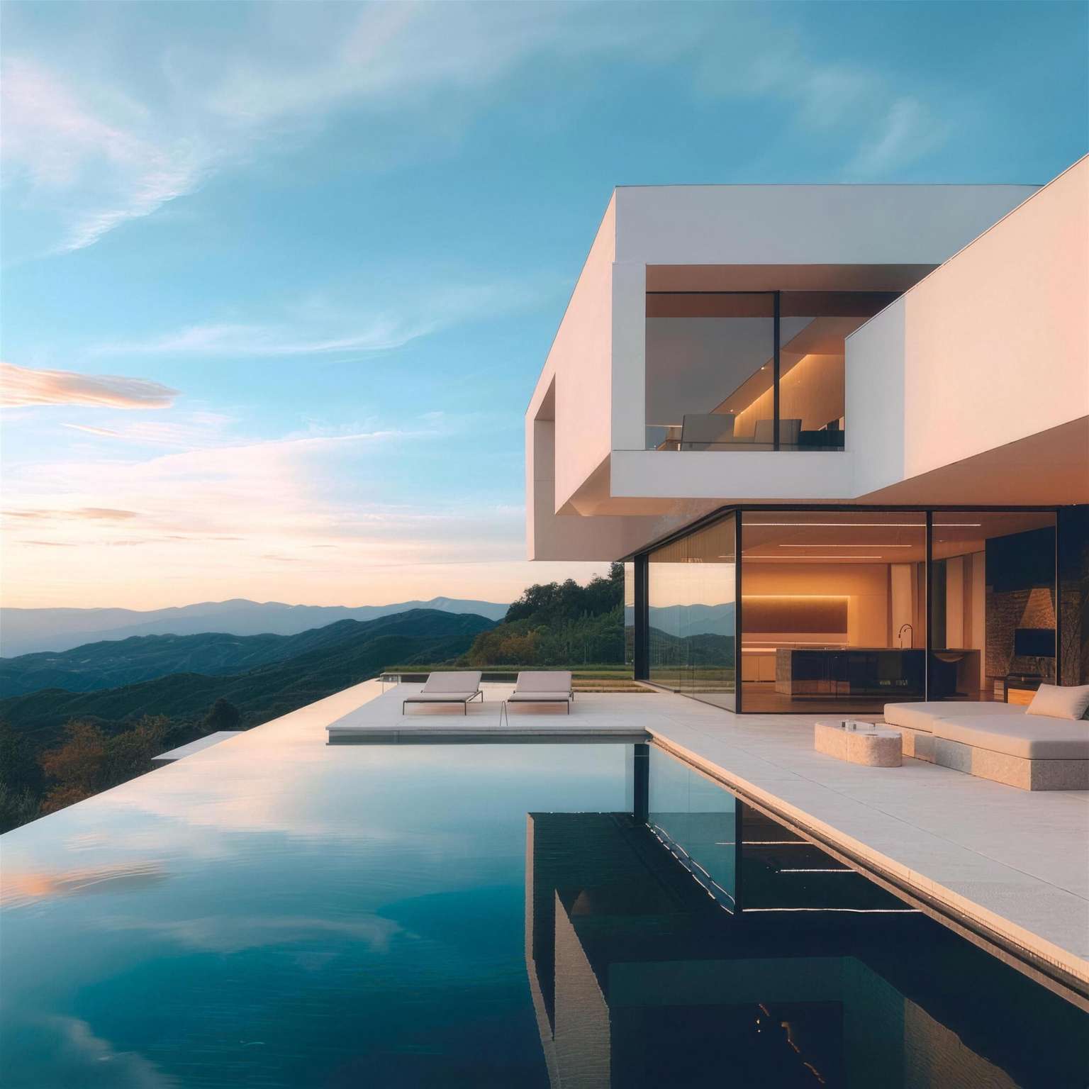 White modern villa on a hillside with an infinity pool