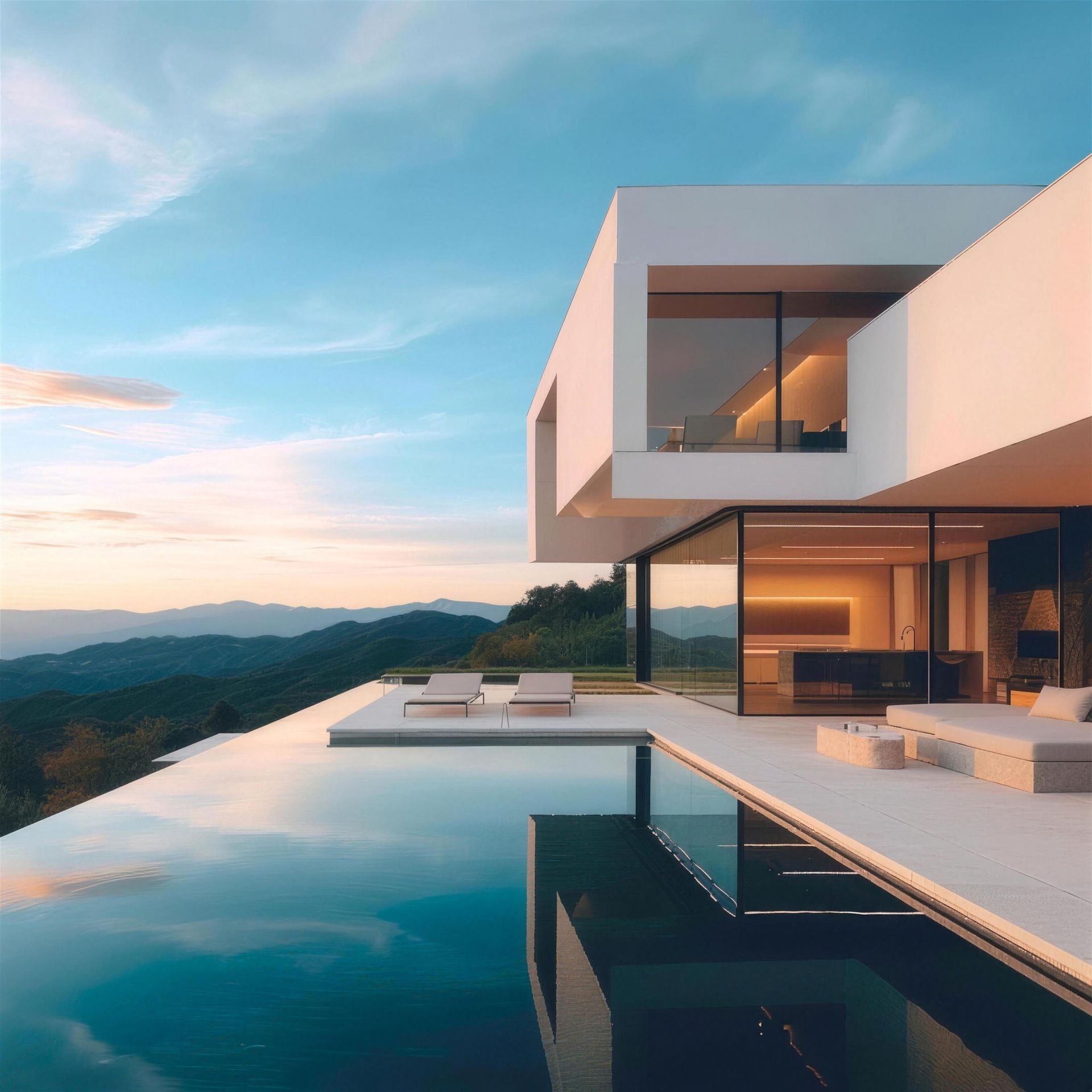 Modern hillside villa above an infinity pool