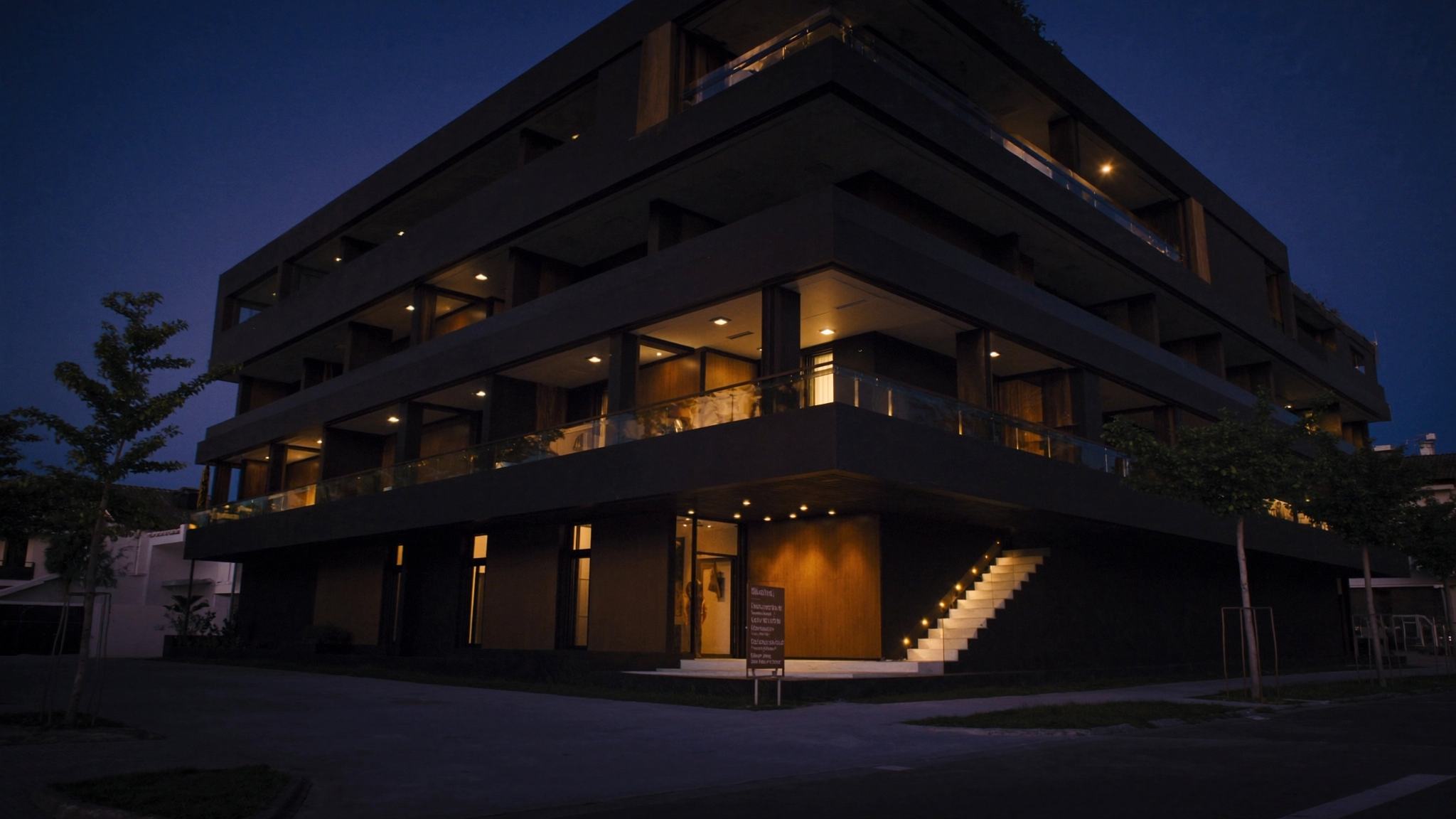 Representative photograph: Modern multifamily apartment building at blue hour