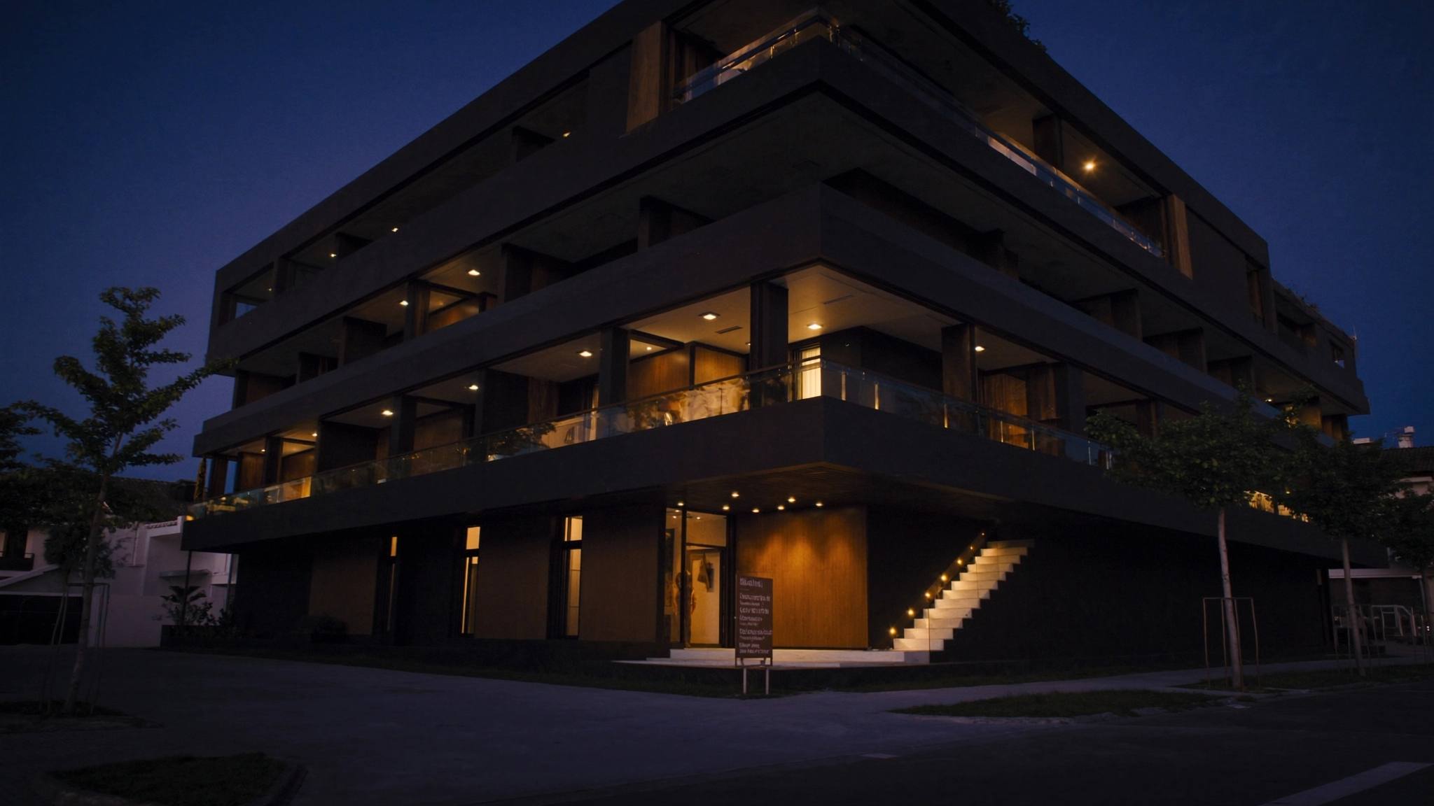 Modern multifamily apartment building at blue hour