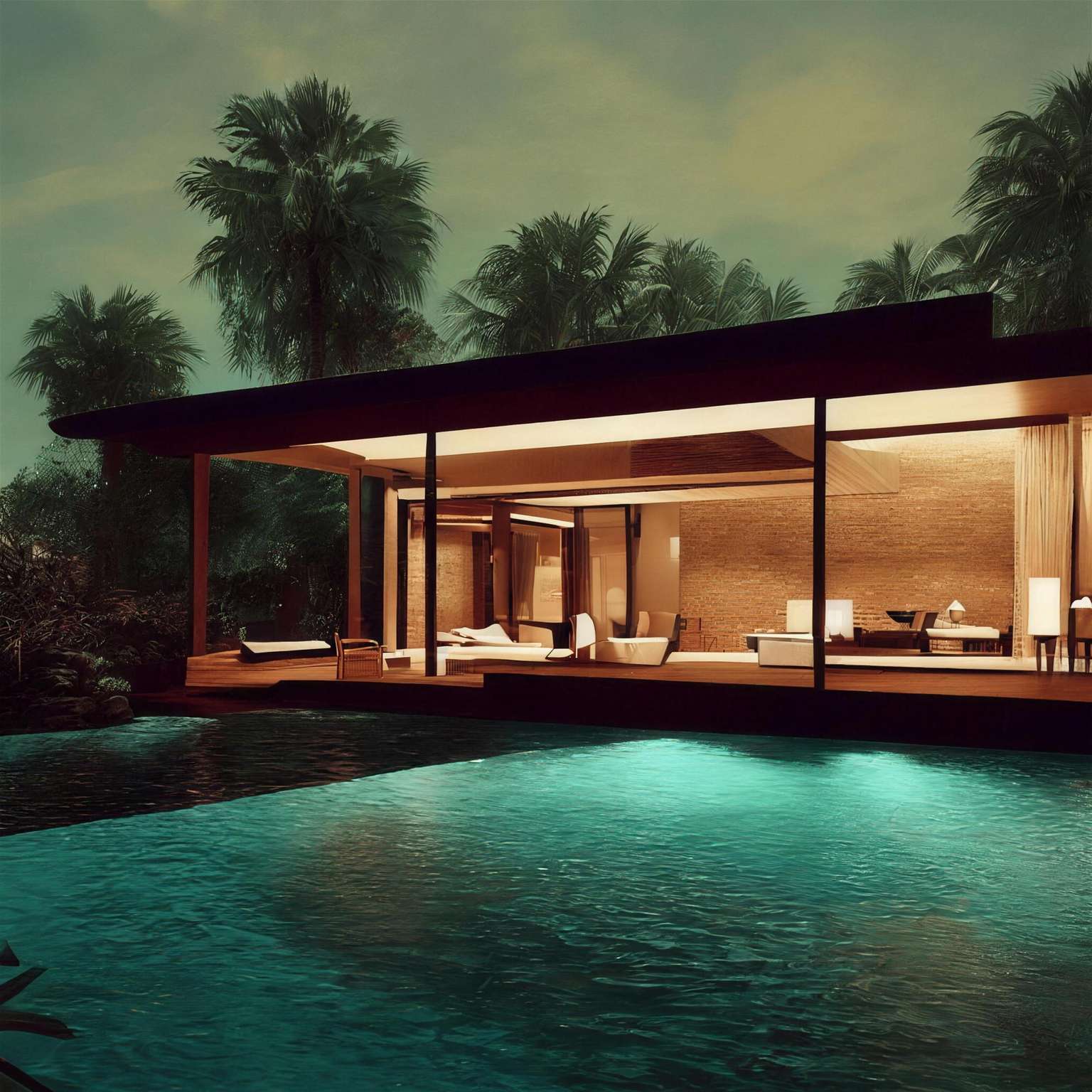 Low modern pool house glowing at night behind a turquoise pool