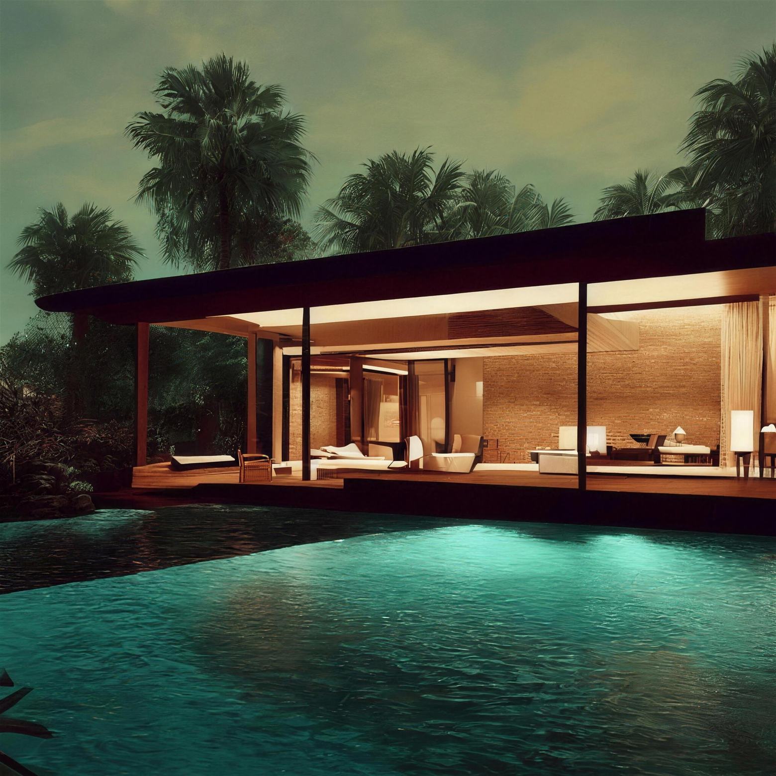 Low modern pool house glowing at night behind a turquoise pool