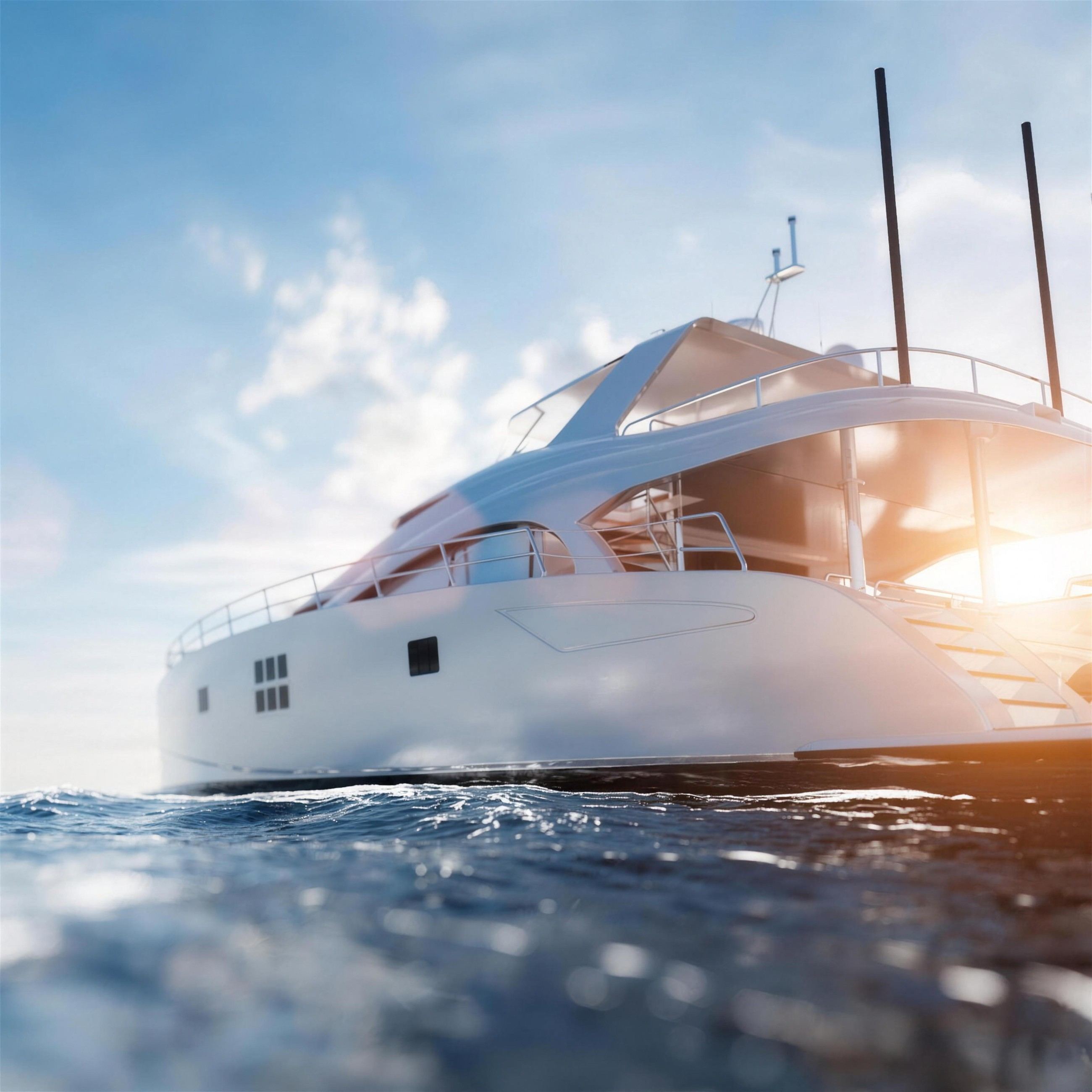 White motor yacht cutting through the sea at sunset
